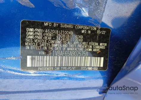 2022 Subaru Wrx Premium from USA, damaged, VIN JF1VBAF65N9025759